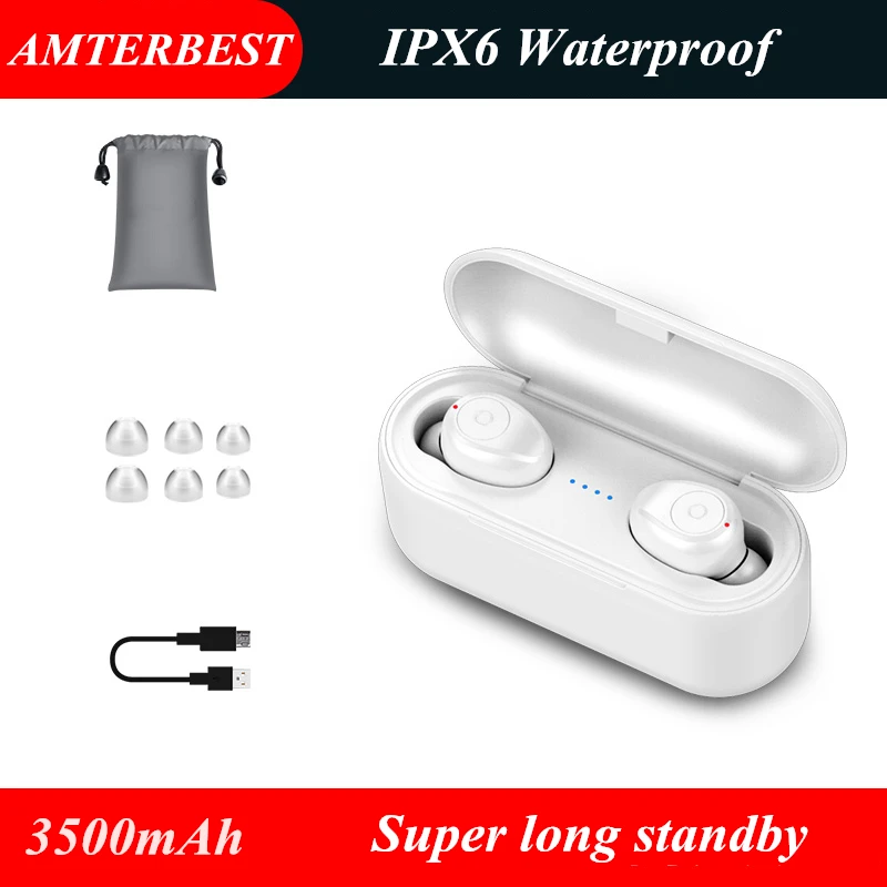 AMTERBEST F9 мини 5D стерео звук беспроводные Bluetooth наушники IPX6 водонепроницаемые спортивные наушники с 3500mA блок зарядного устройства - Цвет: Белый