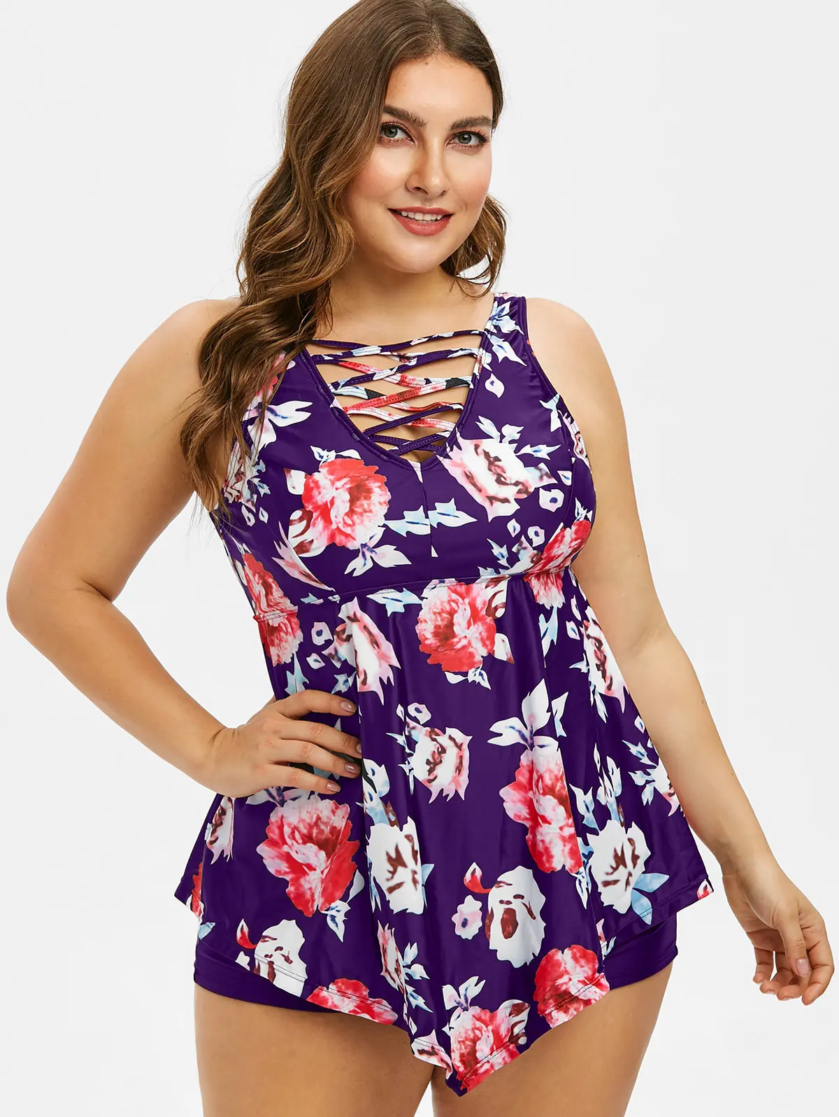 Женский комплект с цветочным принтом ROSEGAL крестиком и баской размера плюс летний