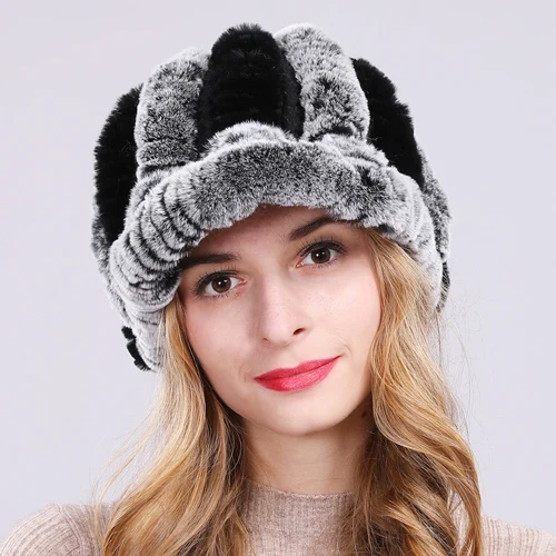 gray and black Россия Настоящий мех кролика шапка Для женщин Зимняя вязаная натуральным шапки из меха кролика Рекс, Фирменные женские теплые Повседневное из натурального меха шапочки шляпа - Цвет: gray and black