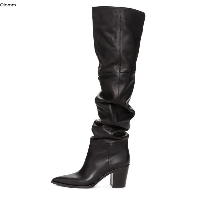 Сапоги женские Olomm черные зимние выше колена на высоком квадратном каблуке с