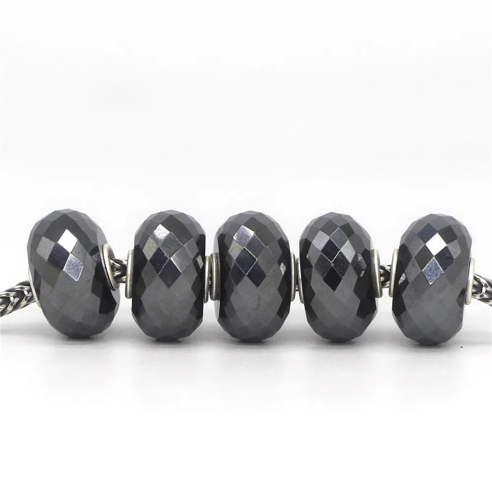 Mistletoe 925 Sterling Silver 3.6mm Core Faceted Natural Steel Hematite Stone Charm Bead Fit European 3.0mm Bracelet Jewelry