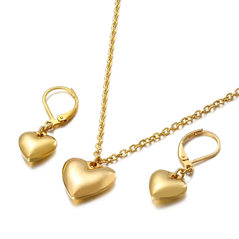 Cute Heart Stainless Steel Bridal Jewelry Sets Necklace Drop Earrings Accessories Set For Women Wedding Gift - Окраска металла: Gold