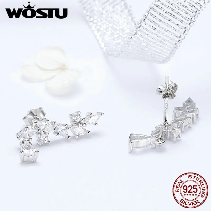 WOSTU Высокое качество 925 пробы серебряные ослепительные прозрачные CZ серьги-гвоздики для женщин оригинальные модные ювелирные изделия подарок CQE385