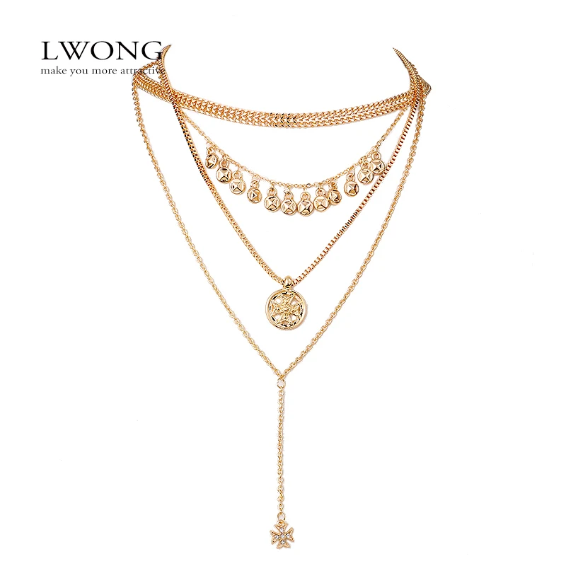 LWONG модное женское колье золотого цвета с многослойной цепочкой чокер подвесное