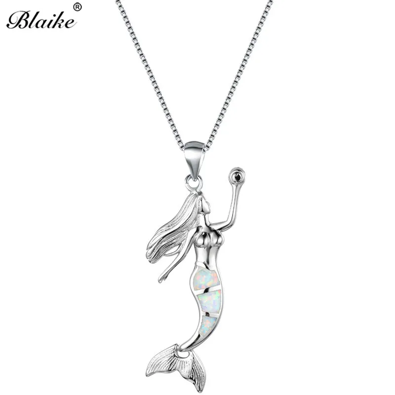 White Opal Necklace Blaike Красивая Русалка ожерелье зеленый/оранжевый/фиолетовый/Белый огненный опал кулон ожерелье для женщин 925 серебро - Окраска металла: White Opal Necklace