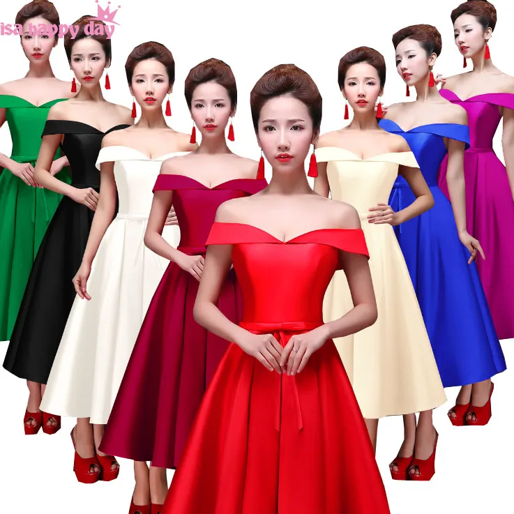 Атласные платья с открытыми плечами для подружки невесты темно синие и зеленые