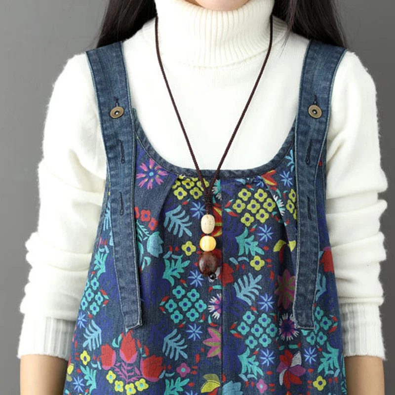 Женский винтажный джинсовый комбинезон с цветочным принтом Свободный в