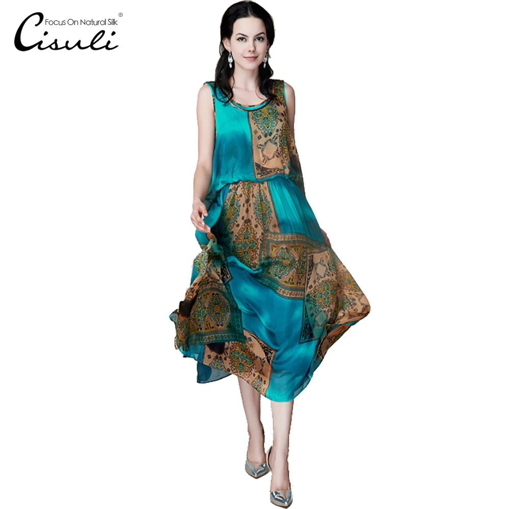 CISULI Silk Chiffon Dress Natural Silk Women Dress Exclusive Desigual Summer New Party Dress XXXL,4XL