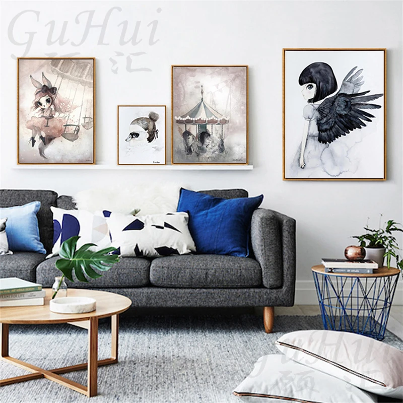 Современные качели кролик Девочки Ангел мультфильм лев рисунок на холсте