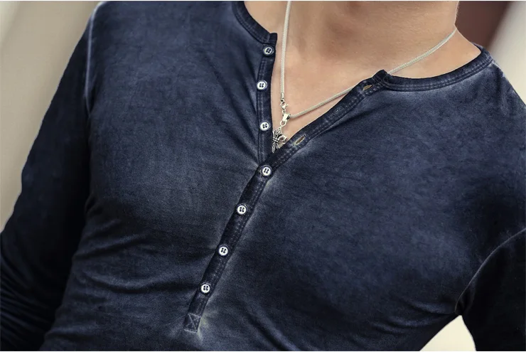 

Men Casual Cotton Long Sleeve T-shirt Men Solid Color Washed V Neck Slim Fit T-shirt Men High Quality Hot Sale T-shirt