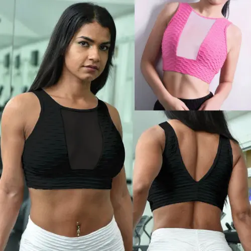 New Women Padded Yoga Sports Mesh Patchwork Workout Bra Top Vest Gym V Back Fitness Ladies Running | Спорт и развлечения