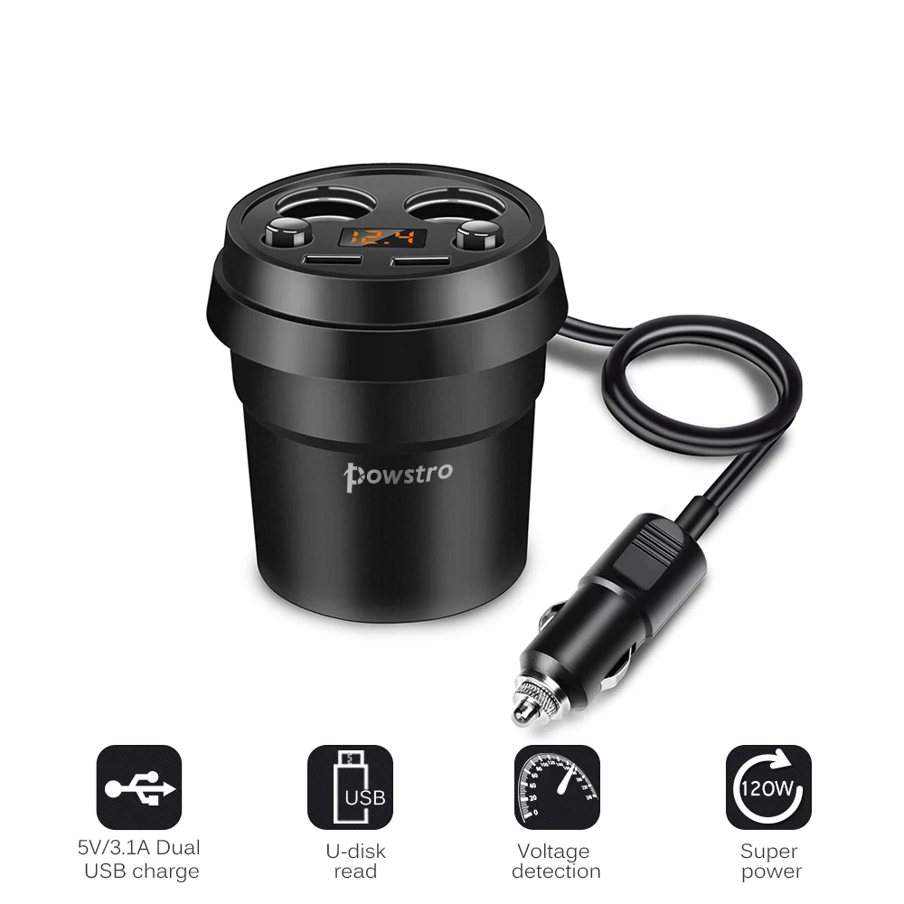Powstro 3.1A двойной Переходник USB для зарядки в машине с 2 гнездами прикуривателя Автомобильный держатель чашки тип поддержка вольтметр отображение тока