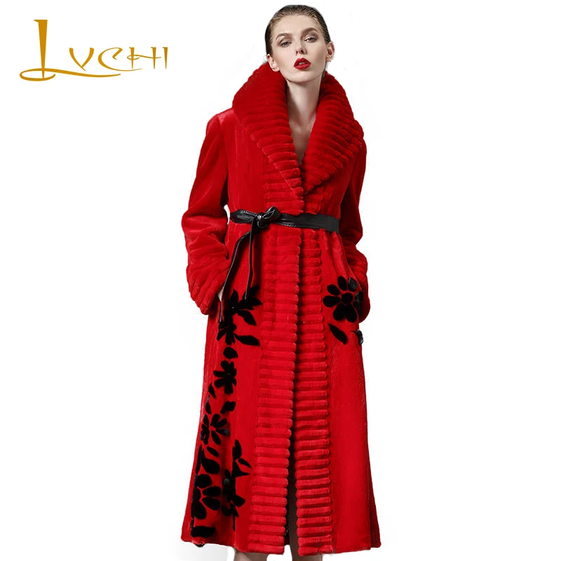 LVCHI Winter2017 Import Red Mink Fur Coat Women's Long Sleeve Coat Black Butterfly Neck Real Natural Fur Print X-Long Mink Coats
