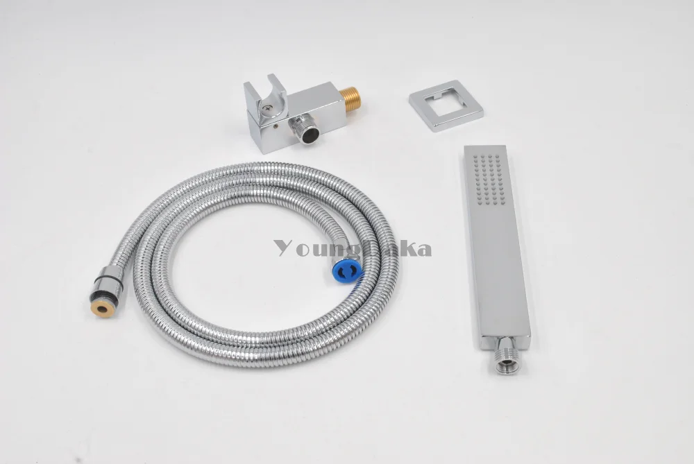Shower head set Латунная квадратная хромированная ручная душевая головка с настенным разъемом и 1,5 м шланг и держатель набор водосберегающая медная ручная система распылителя - Цвет: Shower head set