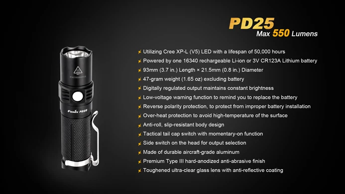 Новинка 2015 FENIX PD25 фонарик Cree XP L (V5) светодиодный 5 режимов Max 550 люмен