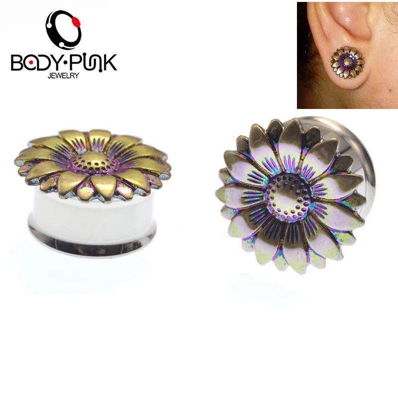 

BODY PUNK Plated Sunflower Plug Punk Jewelry Stainless Steel Ear Plugs Earring Expander Gauges 6-20mm Flesh Tunnel Stretcher
