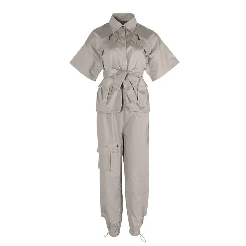 ArmyGreen TWOTWINSTYLE летний Однотонный женский комплект из двух предметов с лацканами и коротким рукавом на шнуровке, рубашка с высокой талией, свободные женские брюки, костюм - Цвет: ArmyGreen