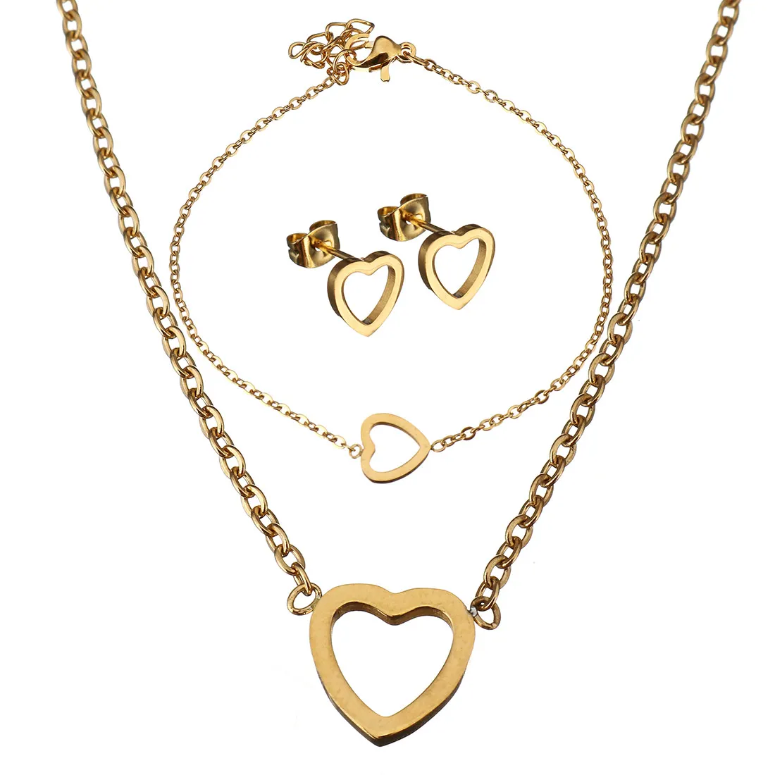 Набор из нержавеющей стали для женщин в форме сердца Ожерелье Браслеты Серьги