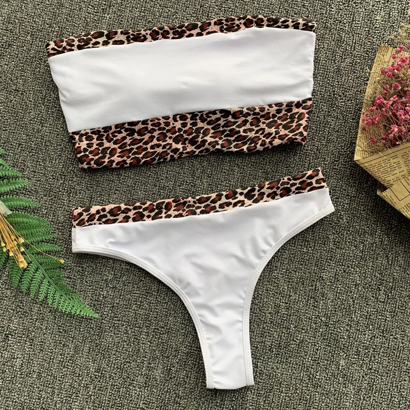 Купальник женский леопардовый белый пляжный костюм без бретелек с низкой талией