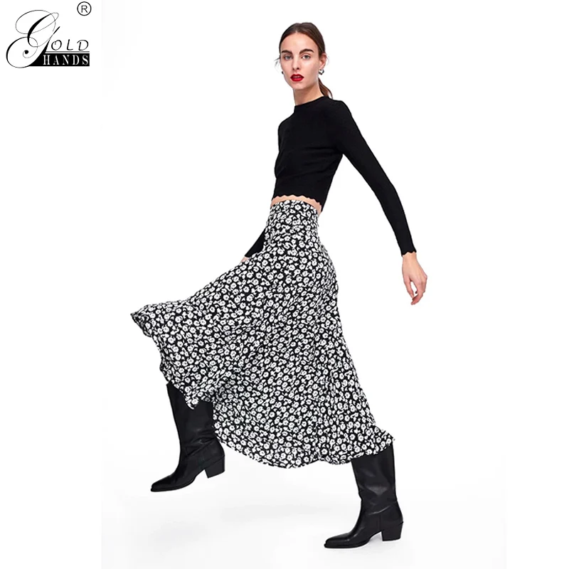 Gold Hands New White Flower Women's Long Skirt High Waist Floret Printed Skirts Ladies Spring Summer Office Clothes | Женская одежда
