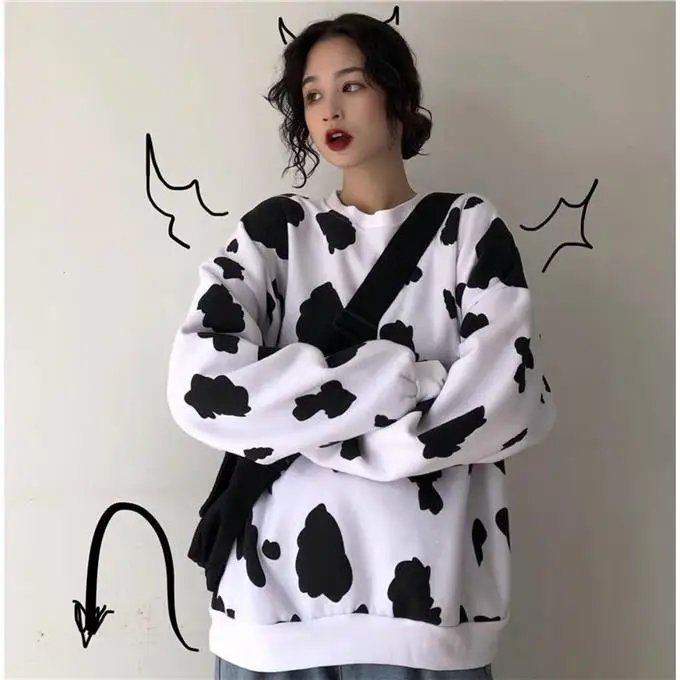 Женский свитер с круглым вырезом и принтом молочной коровы повседневный