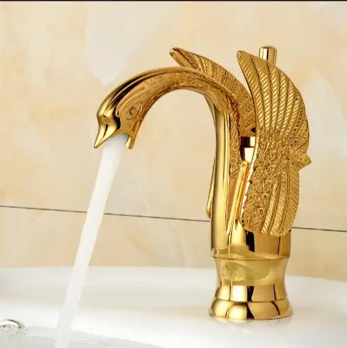 Новый дизайн смеситель в виде лебедя позолоченный для умывальника роскошный