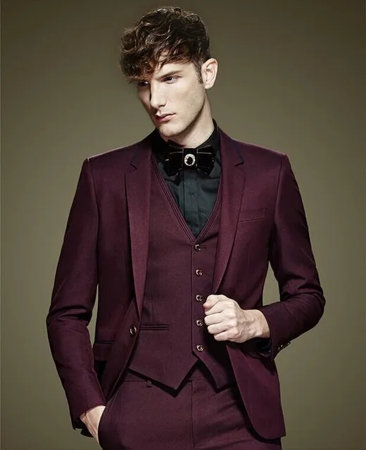 Burgundy Mens Slim Fit Grooming Suits Fashion Latest Male Casual Tuxedo Suits 3 Pieces Jacket Pants Men Custom Made Dinner Suits