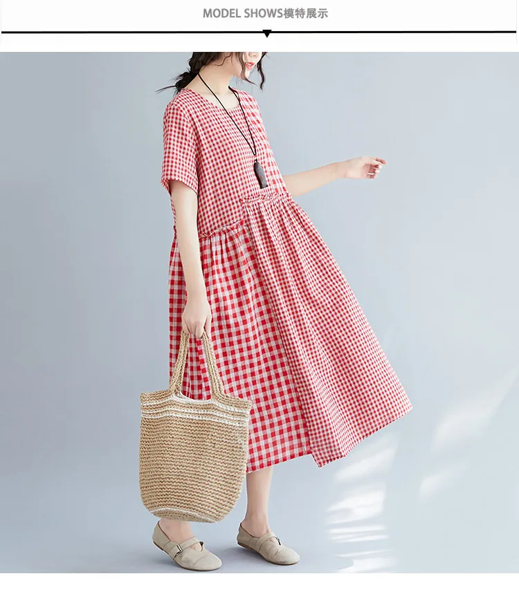 Женское клетчатое платье с коротким рукавом 2019 летнее хлопковое льняное