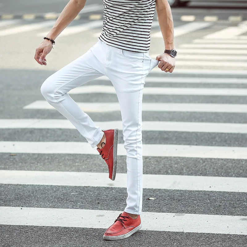 Мужские повседневные однотонные Стрейчевые облегающие джинсы белые прямые