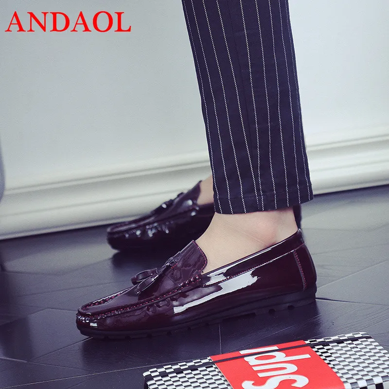 

ANDAOL Men's Leather Casual Shoes Top Quality Bright Leather Non-Slip Light Driving Loafers Luxury Slip-On Wedding Dress Shoes