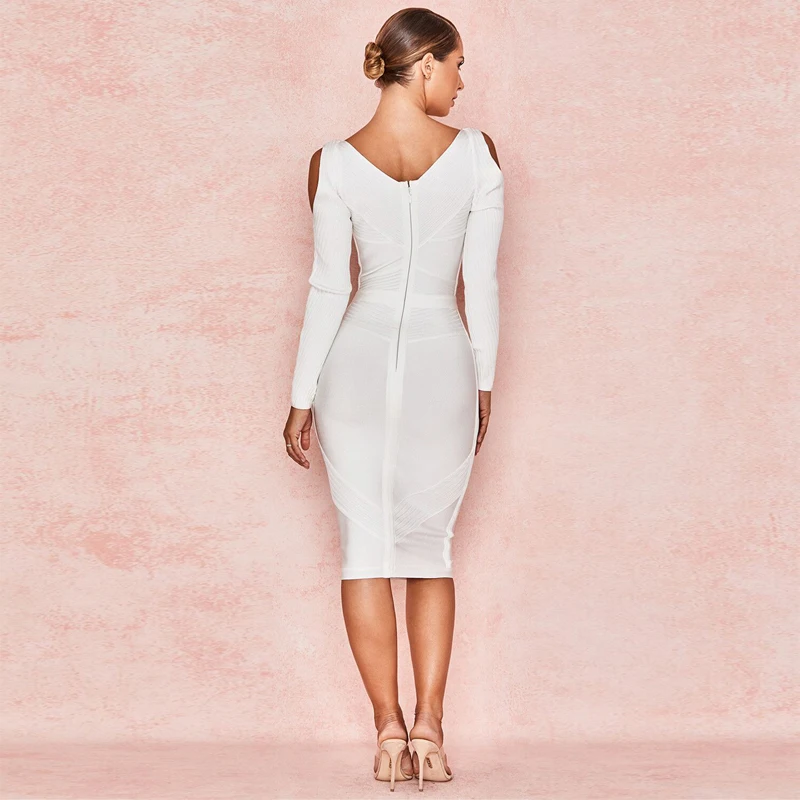 

New Arrivals Fashion Long Sleeve Sexy Bodycon Bandage Dress 2019 Summer Women White V-Neck Dress Elegant Party Dresses Vestidos