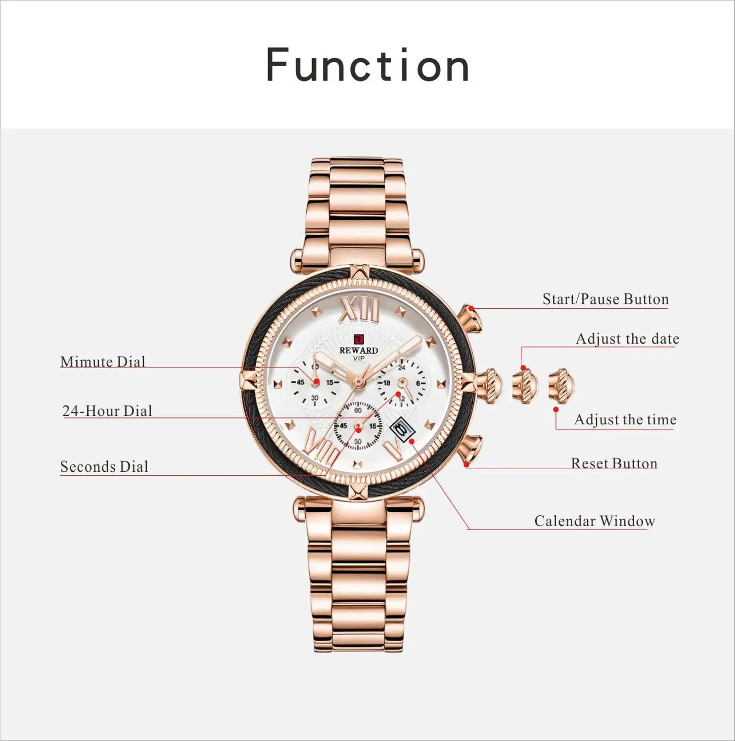 Награда Повседневное платье розовое золото часы женские кварцевые хронограф