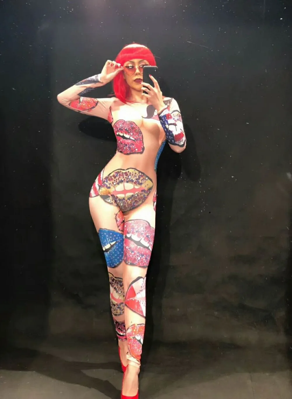 Women New Angel Kiss 3D Printing Naked Sexy Jumpsuit Nightclub Party Bodysuit Stage Wear Dancer Singer Performance Clothing |