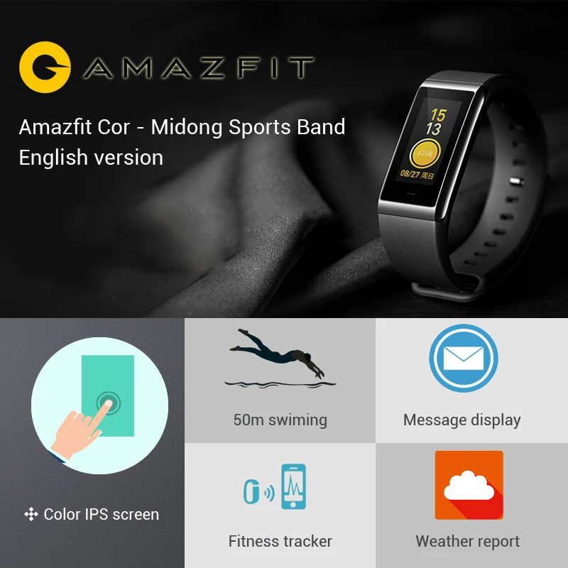 Amazfit КОР СМАРТ-браслет с 1 23-дюймовый ips Цвет Экран 2.5D Стекло 5ATM Водонепроницаемый