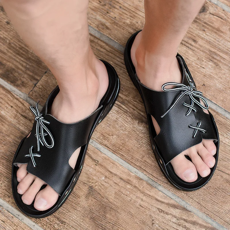 Мужские кожаные сандалии на плоской подошве пляжные праздничная обувь черного