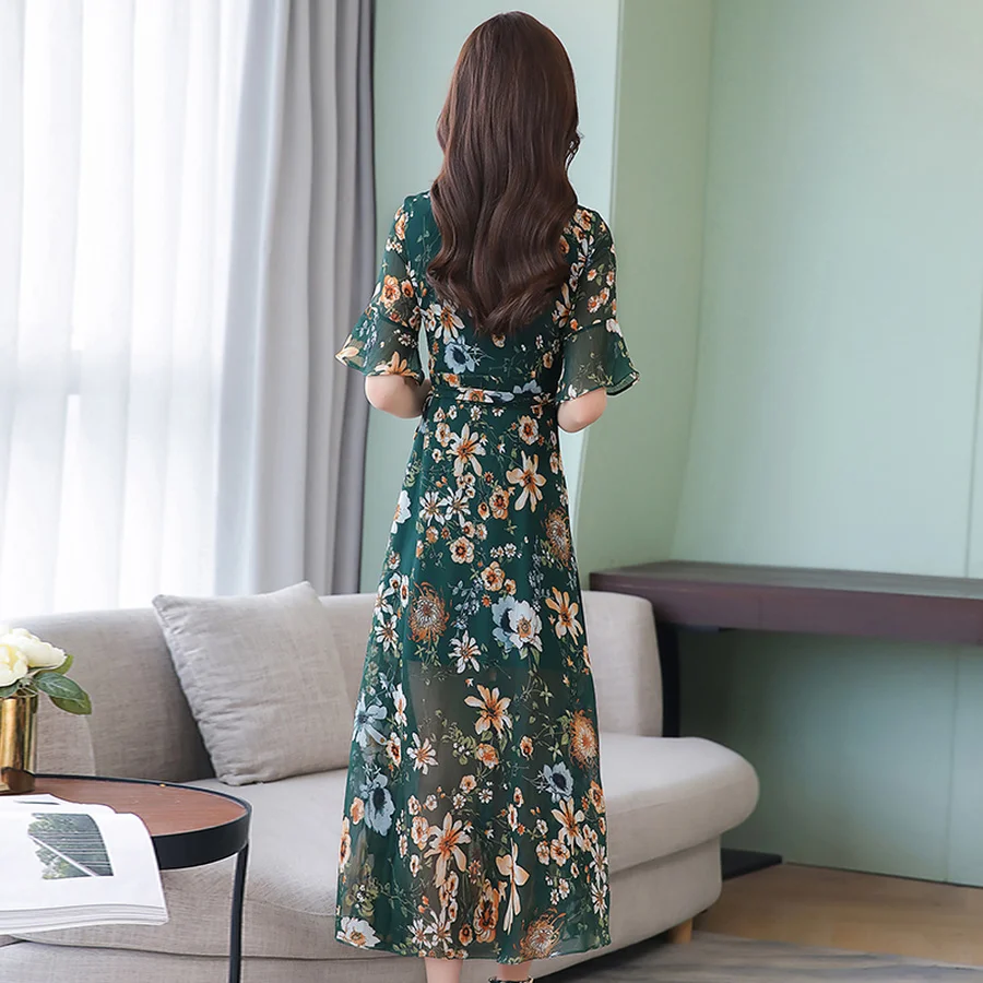 2019 Цветочные шифоновые облегающие летние миди платья Boho винтажные 3XL плюс размер