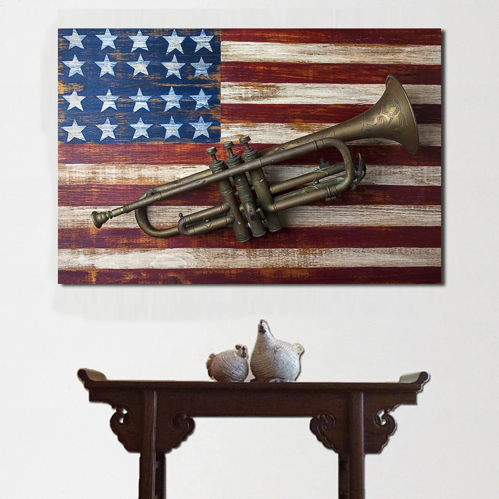 JQHYART Canvas Wall Art Old Trumpet On American Flag Photograph Painting Pictures For Living Room Home Decor No Frame | Дом и сад