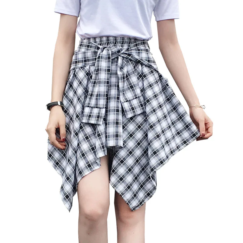 

WKOUD Candy Colors Summer Skirts For Women College Plaid Printed Irregular Skirts Students Fake Shirt Mini Skirt 2019 DK6029