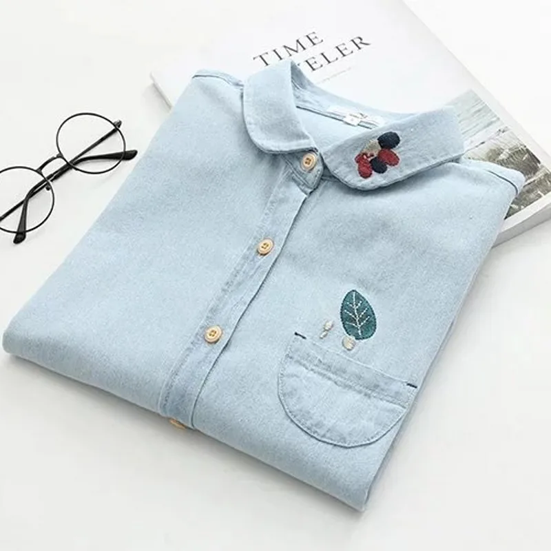 

Women Embroidery Blouse Casual Animal Shirts Solid Long Sleeve Shirt Cotton Oxford Ladies Tops Floral Blouses 2019 Denim blue