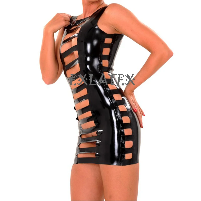Женское платье в полоску готическое Черное мини из латекса с вырезами спереди и