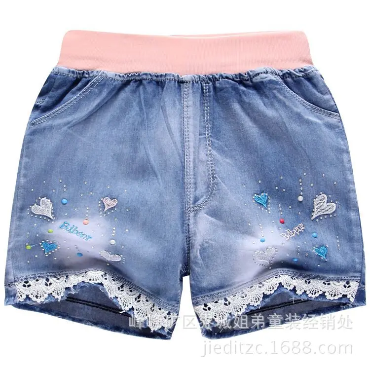 Новинка 2017 года летние джинсовые шорты для девочек детские кружевные с вышивкой