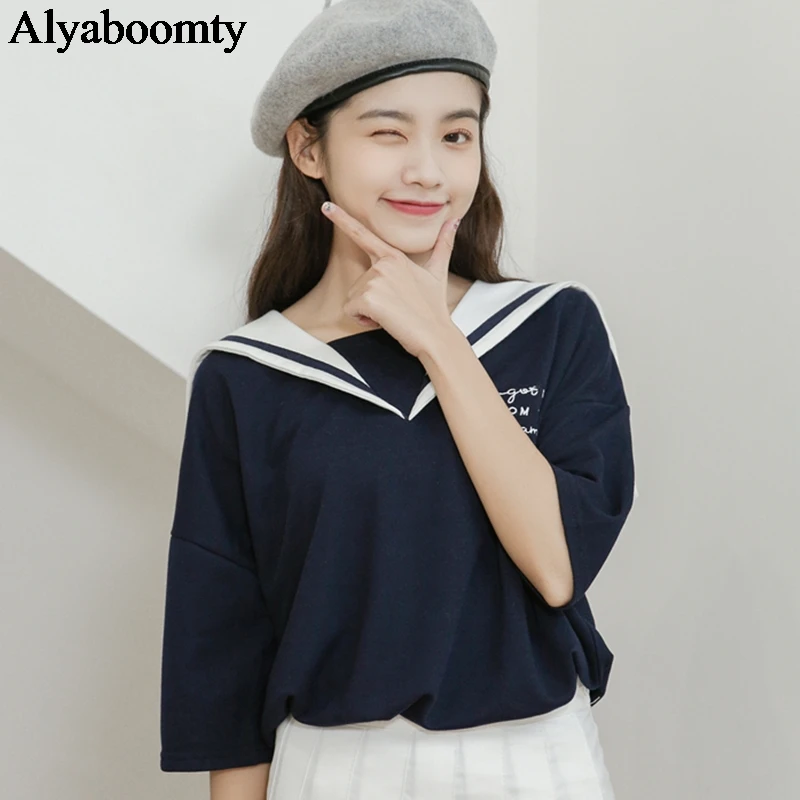 Navy Blue Женская футболка в японском стиле Харадзюку больших размеров с матросским воротником, белая, темно-синяя, с буквенным принтом, женская футболка в консервативном стиле, кавайные Топы - Цвет: Navy Blue