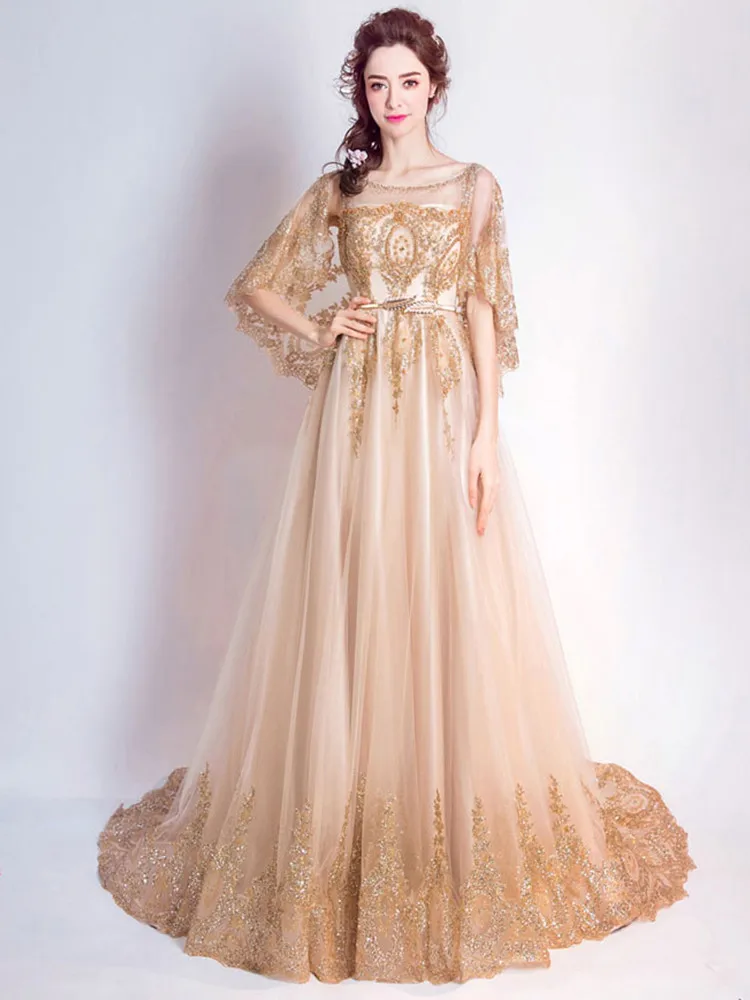 Это YiiYa Шампанское Половина рукава вечерние платья цветочный узор Кристалл бисер Роскошные Bling блестками вечернее платье QXN074