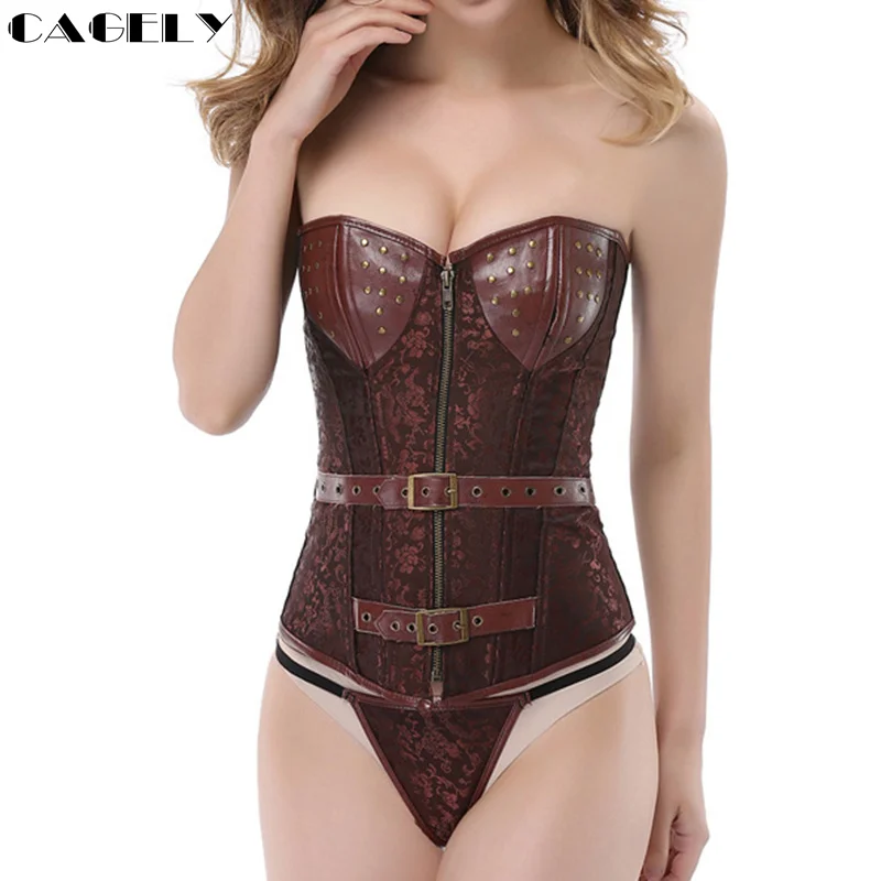Готические сексуальные корсеты на молнии с пряжкой кофейно коричневые женские в