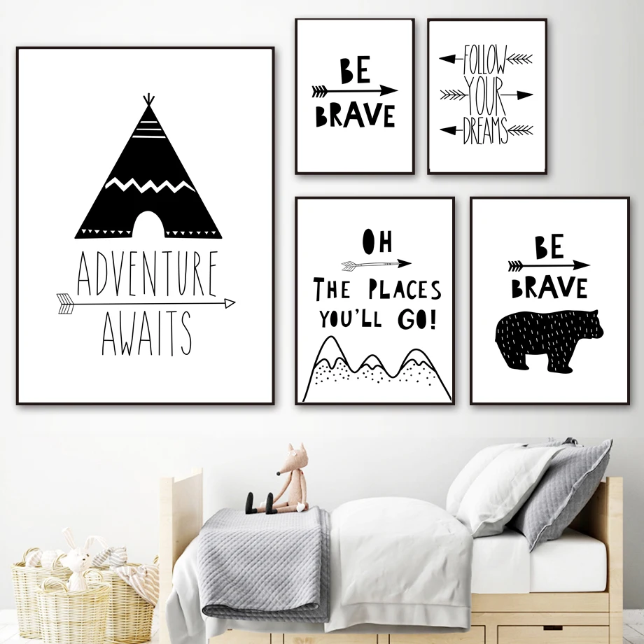 

Black White Tent Bear Arrow Brave Quote Wall Art Canvas Painting Nordic Posters And Prints Wall Picture For Baby Kids Room Decor
