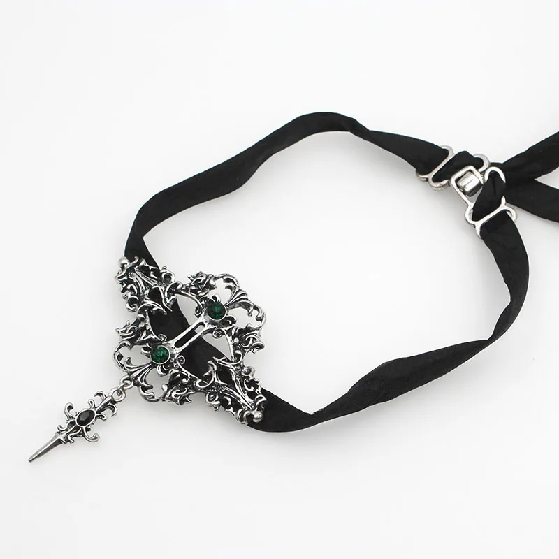 Neo-Gothic Halloween Punk Pendant Necklace For Women Black Lace Cross Red Green Crystal Chokers Gift Vampire Costume | Украшения и