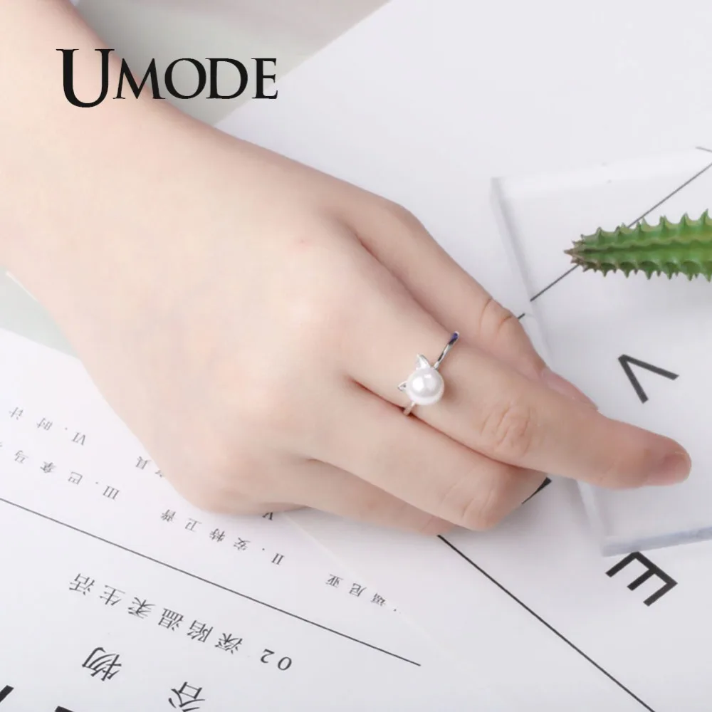 UMODE Cute White Pearl Cat Ear Gold Jewelry Sets for Women Bracelet and Open Cuff Ring Necklace Set Link Chain AUS0055 | Украшения и