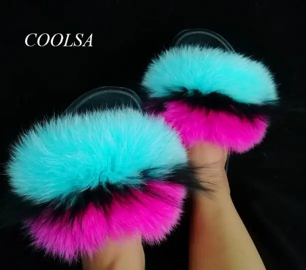 as picture shows COOLSA/женские разноцветные пушистые тапочки с лисьим мехом; женские милые плюшевые шлепанцы с натуральным лисьим мехом; вечерние Вьетнамки с мехом; женские сандалии - Цвет: as picture shows