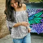 Футболка женская с коротким рукавом, пикантный топ с вырезом лодочкой, с блестками, вечерняя одежда, коктейльный Топ, на лето, осень