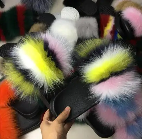 fox hair Лиса волосы тапочки Для женщин меха дома пушистые ползунки плюшевый мохнатый Лето Туфли без каблуков прелестная женская обувь большой размер 45 Лидер продаж Симпатичные Pantufas - Цвет: fox hair